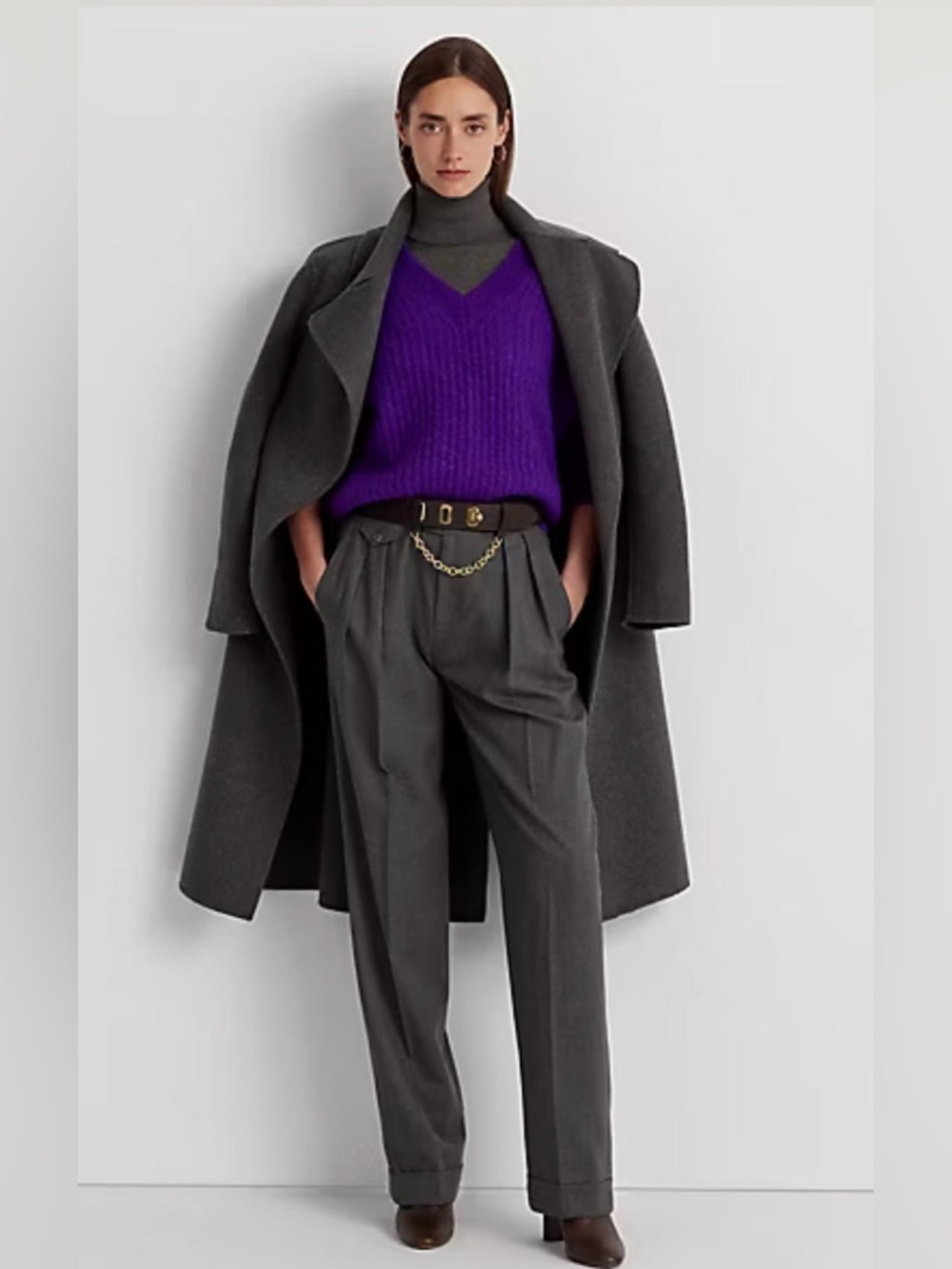 Guaranteed Authentic Lauren Ralph Lauren Grey Pltd Wool Twill Straight Pants, 6 - Picture 5 of 15